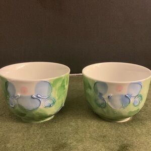 Antique Japanese Yunomi Fine Porcelain Bowls (2) Raised Floral Design Rare Find